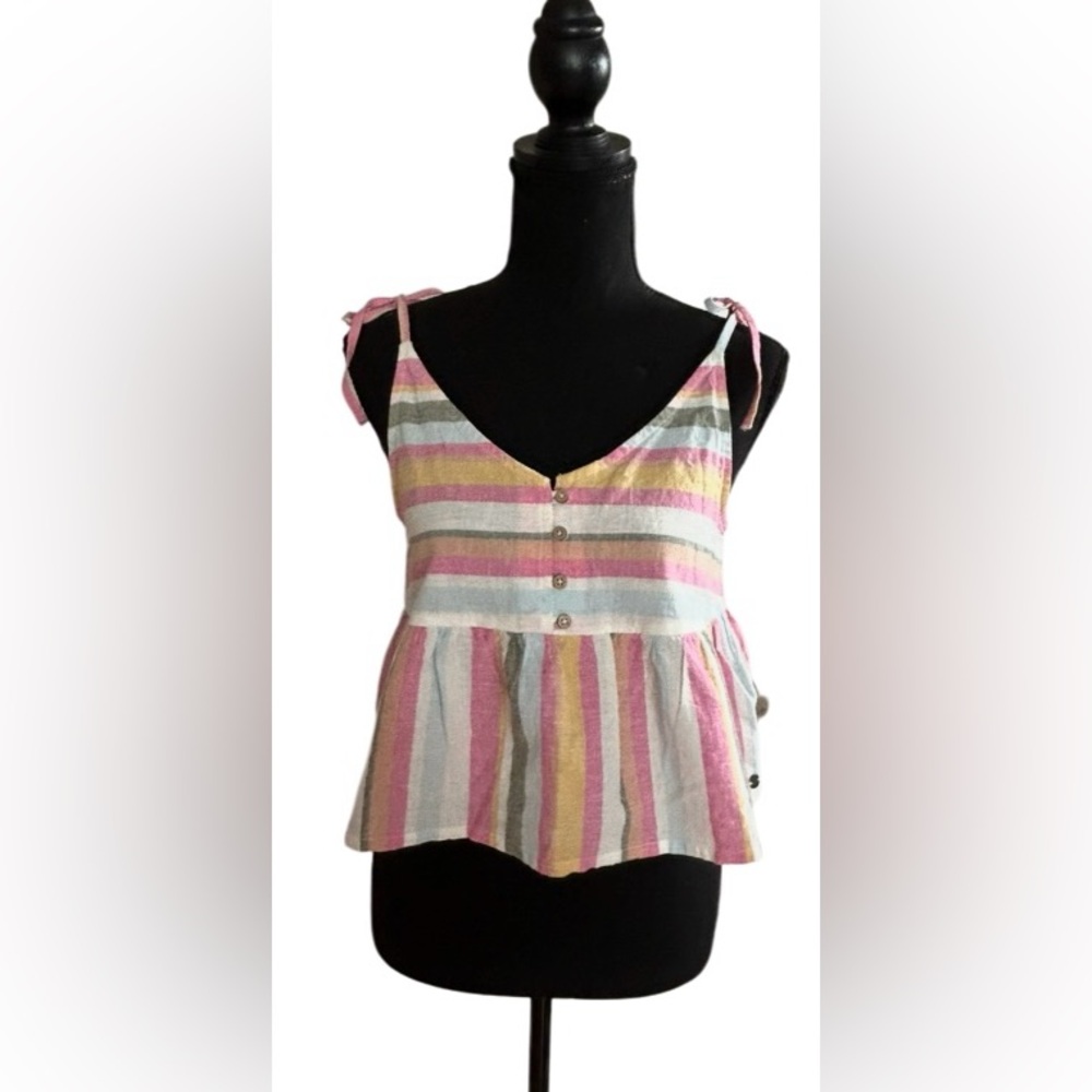 💛NWT! ROXY! “OPEN EYES” STRIPE FLOWY TANK! LINEN BLEND! ADJUSTABLE! - Picture 4 of 16